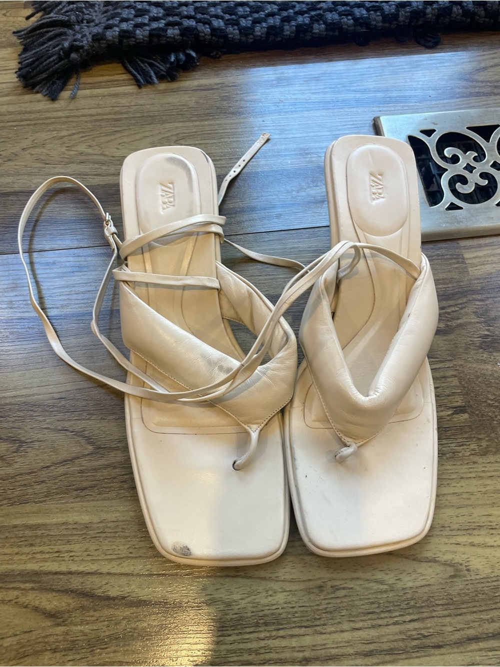 Zara Beige Lace-Up Square-Toe Sandals